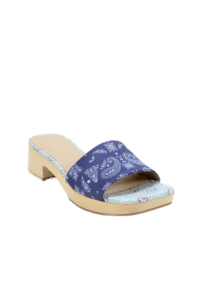 Villa Rouge Womens Block Heel Bandana Print Slide Sandals Blue White Size 7.5