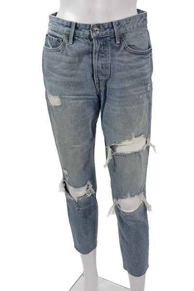Grlfrnd Womens Cropped Boyfriend Jeans Light Blue High Rise 100% Cotton Size 25