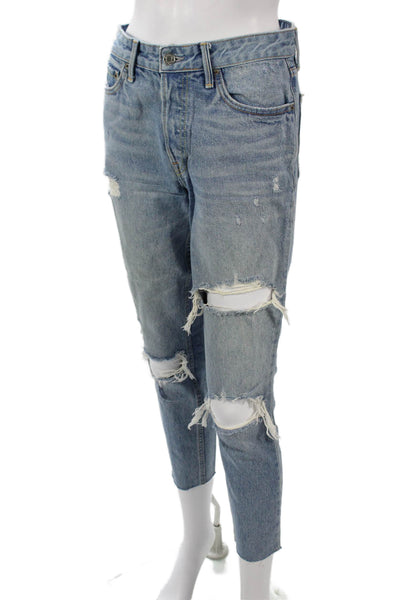 Grlfrnd Womens Cropped Boyfriend Jeans Light Blue High Rise 100% Cotton Size 25