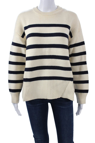 Zara Unisex Beige Striped Crew Neck Long Sleeve Pullover Sweaters Size S