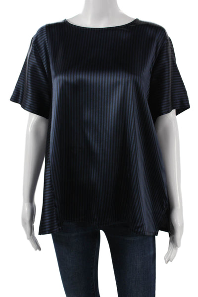 Eileen Fisher Women Striped Dark Blue Silk Short Sleeve Neck Blouse Size L