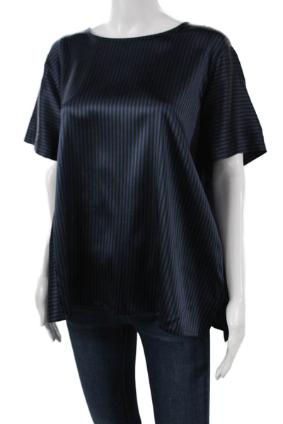 Eileen Fisher Women Striped Dark Blue Silk Short Sleeve Neck Blouse Size L