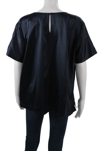 Eileen Fisher Women Striped Dark Blue Silk Short Sleeve Neck Blouse Size L