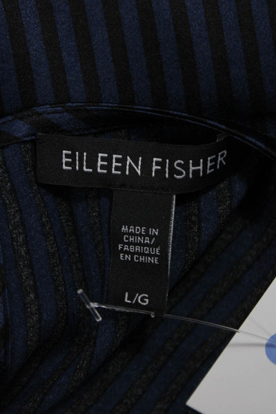 Eileen Fisher Women Striped Dark Blue Silk Short Sleeve Neck Blouse Size L