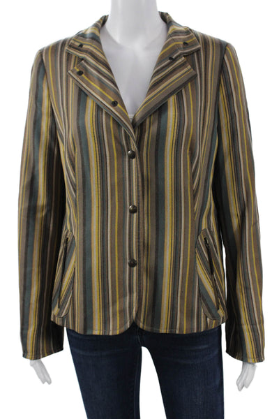 Akris Punto Women Brown Striped Wool Blazer Collared Button Long Sleeve Size 12