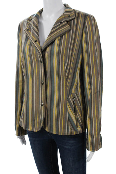 Akris Punto Women Brown Striped Wool Blazer Collared Button Long Sleeve Size 12