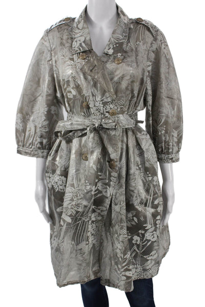 Armani Collezioni Womens Trench Coat Floral Gray 3/4 Sleeve Size 46