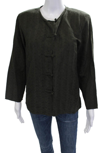 Eileen Fisher Unisex Green Silk Linen Band Long Sleeve Top Round Neck Size M