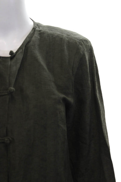 Eileen Fisher Unisex Green Silk Linen Band Long Sleeve Top Round Neck Size M