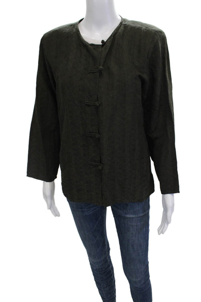 Eileen Fisher Unisex Green Silk Linen Band Long Sleeve Top Round Neck Size M