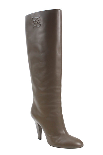 Fendi Womens Leather Embossed High Heels Knee High Boots Shoes Brown Size 11