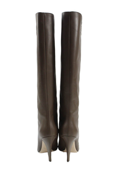 Fendi Womens Leather Embossed High Heels Knee High Boots Shoes Brown Size 11