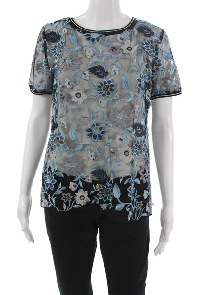 Elie Tahari Women Silk Floral Short Sleeve Blouse Black Petite Size S