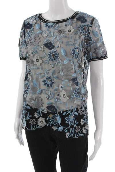 Elie Tahari Women Silk Floral Short Sleeve Blouse Black Petite Size S