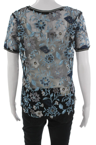 Elie Tahari Women Silk Floral Short Sleeve Blouse Black Petite Size S