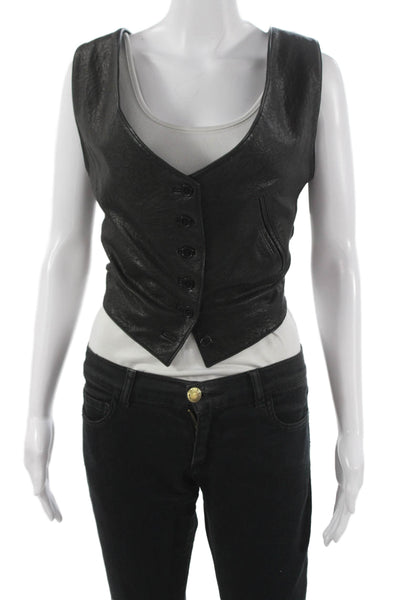 Golde Women Leather Biker V-Neck Button Sleeveless Vest Black Size S
