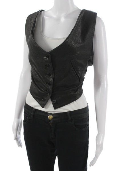 Golde Women Leather Biker V-Neck Button Sleeveless Vest Black Size S