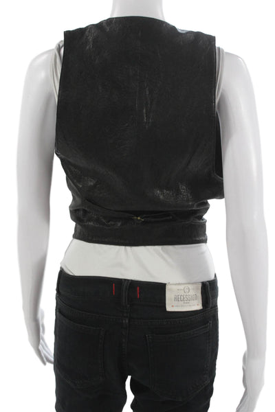 Golde Women Leather Biker V-Neck Button Sleeveless Vest Black Size S