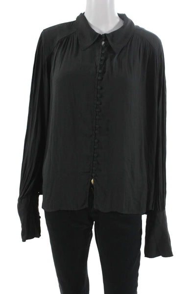 Free People Womens Black Collared Button Up Blouse Long Sleeve Boho Size L
