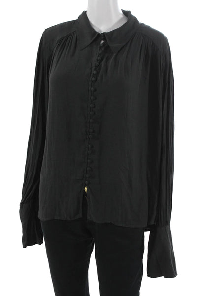 Free People Womens Black Collared Button Up Blouse Long Sleeve Boho Size L