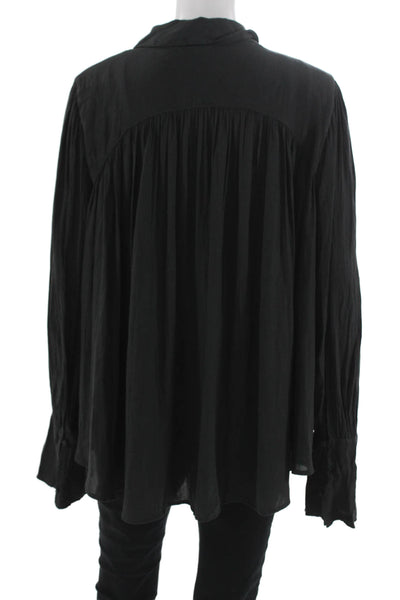 Free People Womens Black Collared Button Up Blouse Long Sleeve Boho Size L