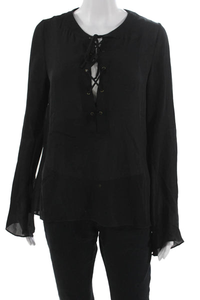 Ramy Brook Women Black Silk Lace Up Round Neck Long Sleeve Blouse Boho Size S