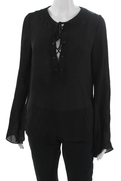 Ramy Brook Women Black Silk Lace Up Round Neck Long Sleeve Blouse Boho Size S