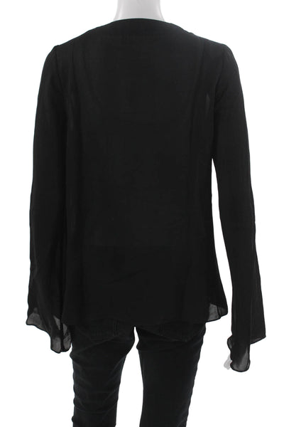 Ramy Brook Women Black Silk Lace Up Round Neck Long Sleeve Blouse Boho Size S