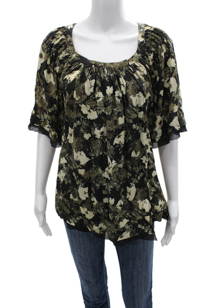 Elizabeth & James Womens Black Silk Floral Tunic Blouse 3/4 Sleeve Size M