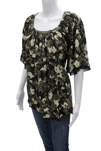 Elizabeth & James Womens Black Silk Floral Tunic Blouse 3/4 Sleeve Size M