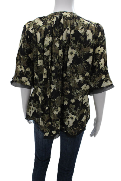 Elizabeth & James Womens Black Silk Floral Tunic Blouse 3/4 Sleeve Size M