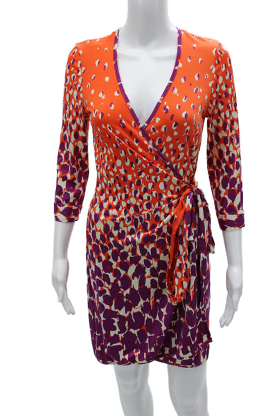 Julie Brown Womens Orange Animal Print Wrap Dress V Neck 3/4 Sleeve Size XS