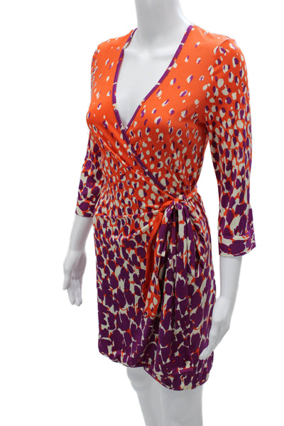 Julie Brown Womens Orange Animal Print Wrap Dress V Neck 3/4 Sleeve Size XS