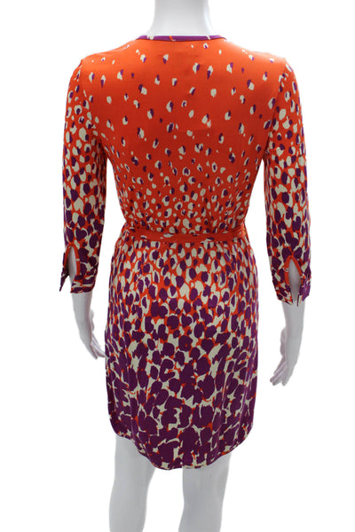 Julie Brown Womens Orange Animal Print Wrap Dress V Neck 3/4 Sleeve Size XS