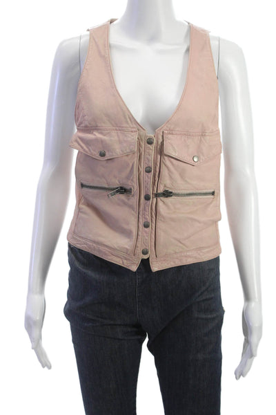 Charlotte Ronson Womens Leather Biker Sleeveless Vest Pink V-Neck Button Size 2