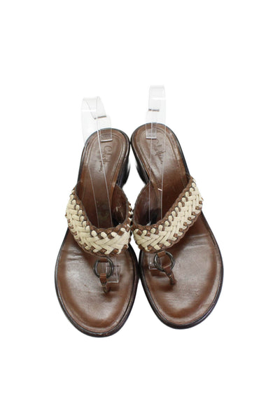 Cole Haan Women's Leather T-Straps Block Heel Sandals Brown Size 10