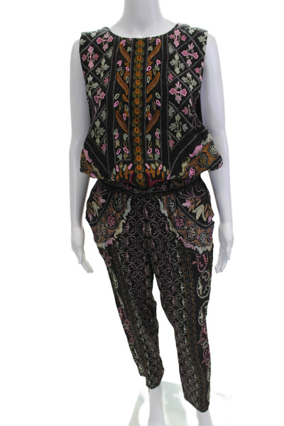 Hemant & Nandita Womens Jumpsuit Black Floral Silk Sleeveless Round Neck Size S