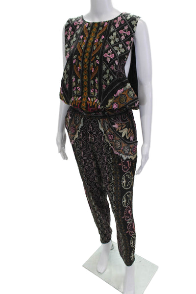 Hemant & Nandita Womens Jumpsuit Black Floral Silk Sleeveless Round Neck Size S