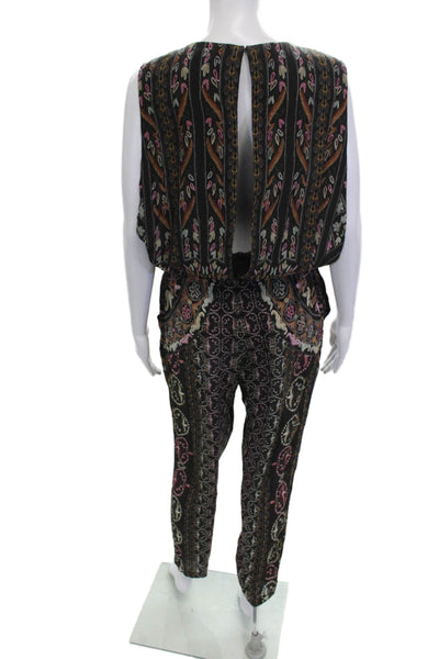 Hemant & Nandita Womens Jumpsuit Black Floral Silk Sleeveless Round Neck Size S