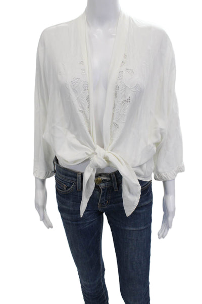 Soft Surroundings Womens Kimono Blouse White Floral 3/4 Sleeve Size M