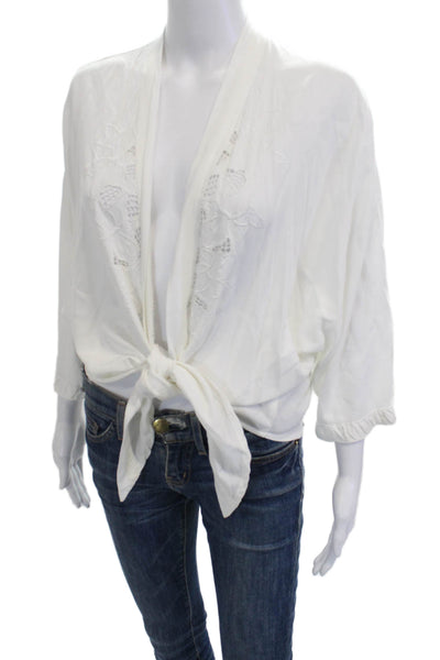 Soft Surroundings Womens Kimono Blouse White Floral 3/4 Sleeve Size M