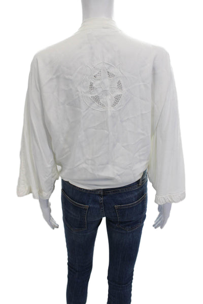 Soft Surroundings Womens Kimono Blouse White Floral 3/4 Sleeve Size M