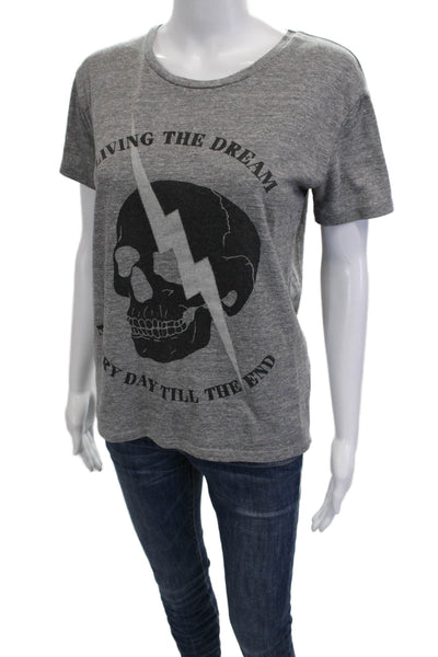 Chaser Women Gray Skull Graphic Jersey T Shirt Short Sleeve Round Neck Size XS