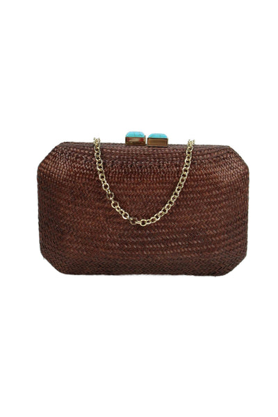 SERPUI Womens Small Woven Straw Clutch Handbag Dark Brown Gold Tone