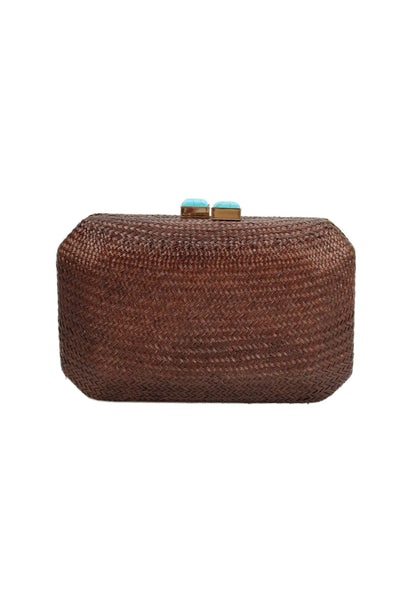 SERPUI Womens Small Woven Straw Clutch Handbag Dark Brown Gold Tone