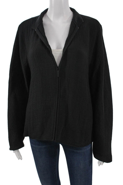 Eileen Fisher Womens Collared Zip Black Rayon Silk Jacket Long Sleeve Size L