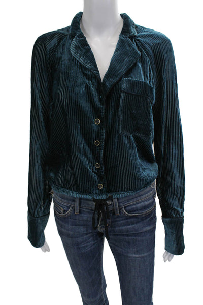 Free People Womens Button-Up Striped Collared Dark Blue Long Sleeve Size S