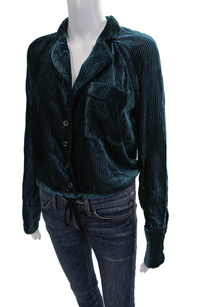 Free People Womens Button-Up Striped Collared Dark Blue Long Sleeve Size S