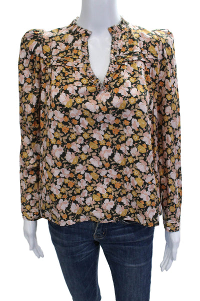 The Westside Womens Black Floral V Neck Long Sleeve Blouse Size S