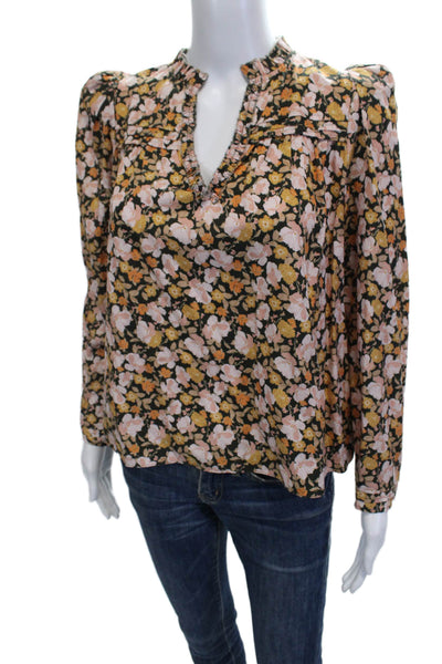 The Westside Womens Black Floral V Neck Long Sleeve Blouse Size S